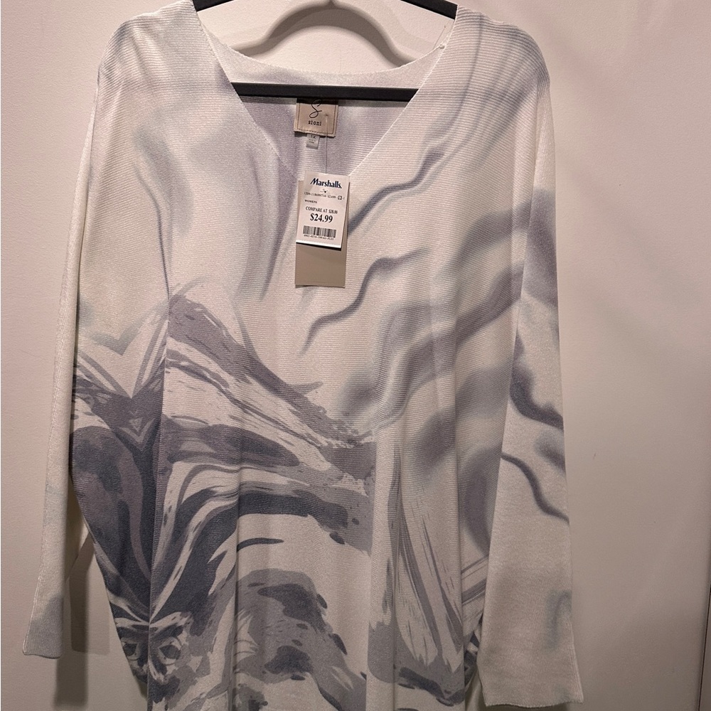 NEW Sioni White and Gray Marble Print V-Neck Top 1X